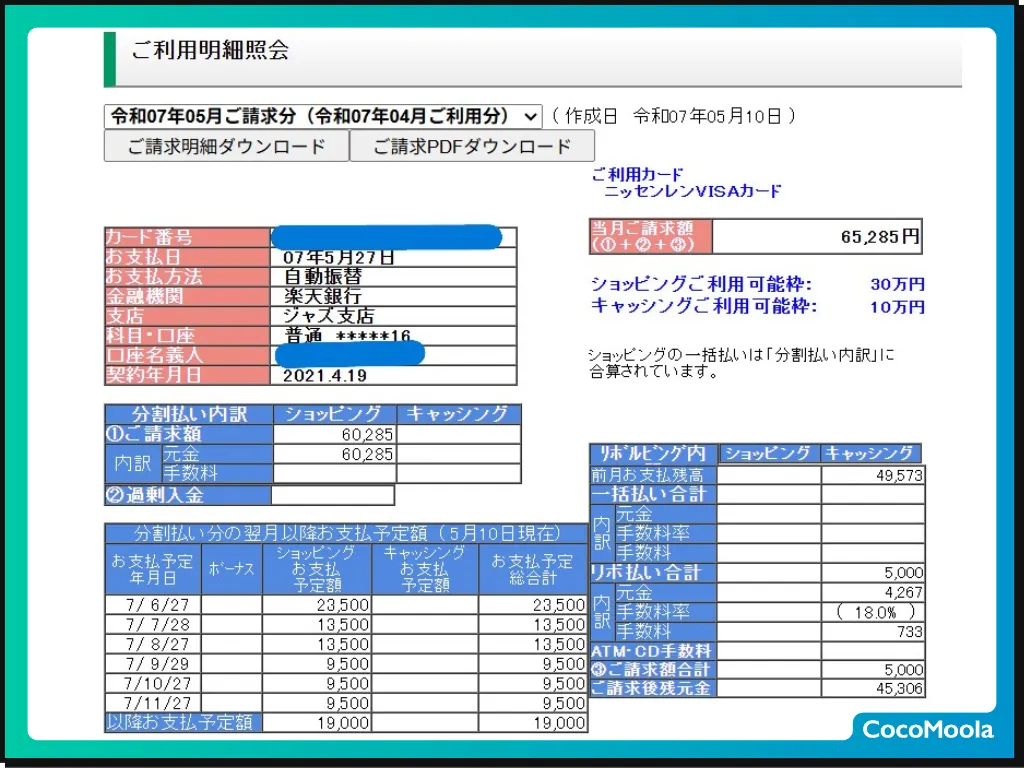 ニッセンレンエスコートカードのキャッシング枠を含む1ヶ月分の明細。実際にキャッシングを利用している人のデータを使用